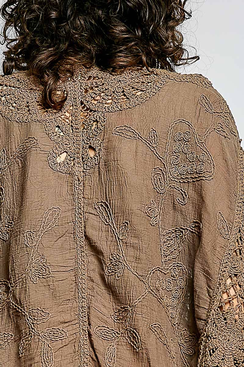 Batwing Sleeve Button Down Solid Crochet Cardigan Top