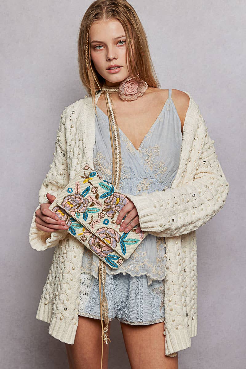 Floral Beaded Chain Strap Ivory Mini Shoulder Bag