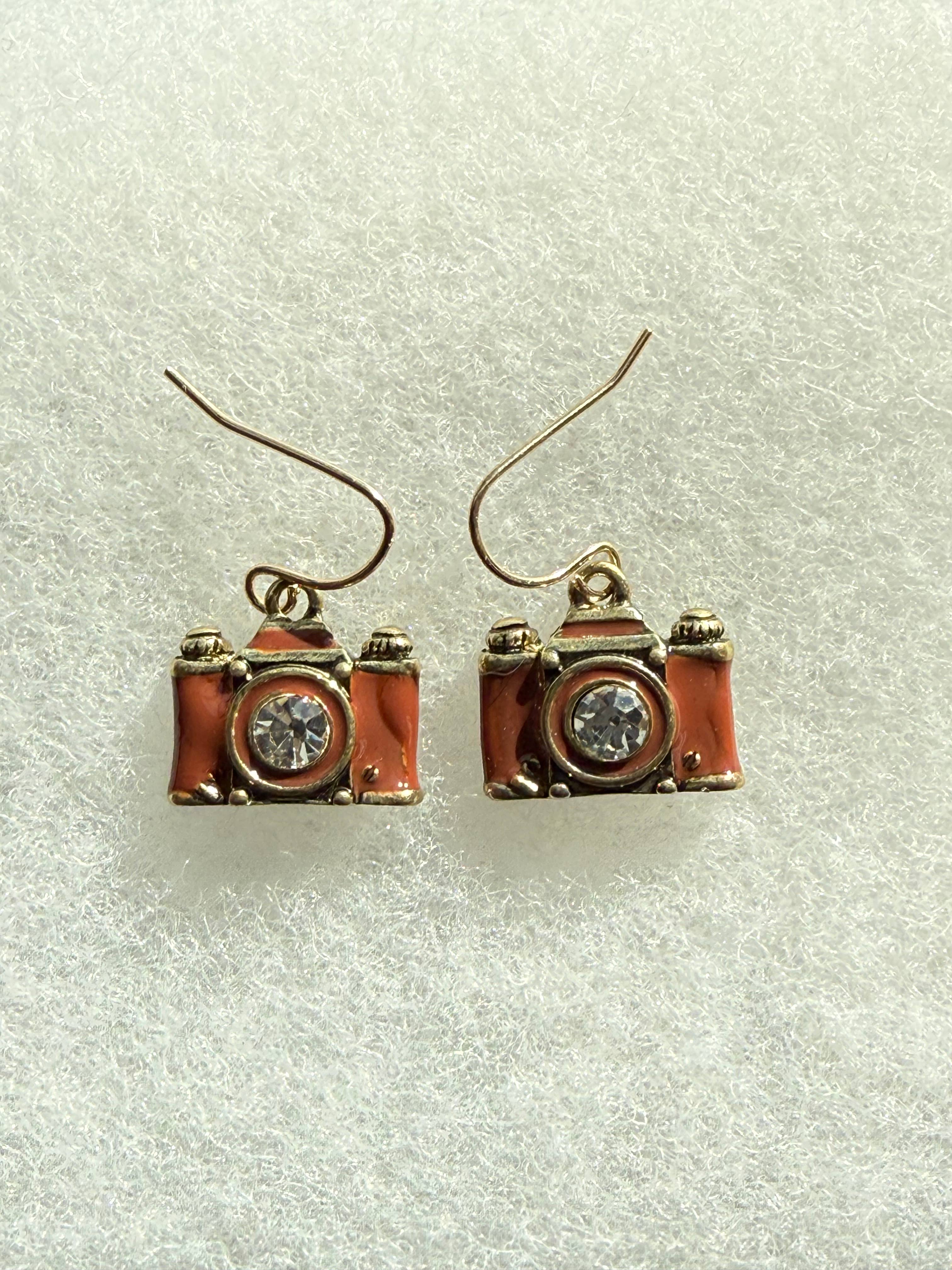 Crystal Lens Brown_Brass Film Camera Retro Earrings