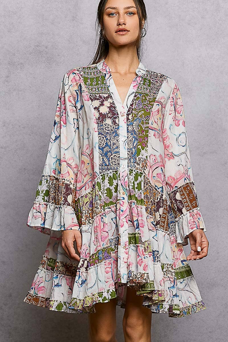 Printed Woven V-Neck Long Sleeve Dress
