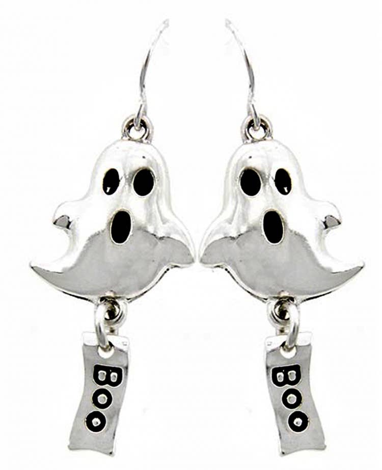 Silver Boo Cute Ghost Halloween Metal Dangle Earrings