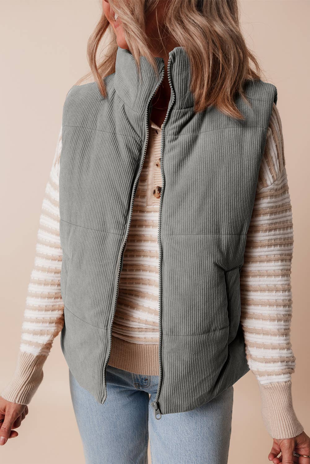 Womens Corduroy Stand Neck Zipped Puffer Vest