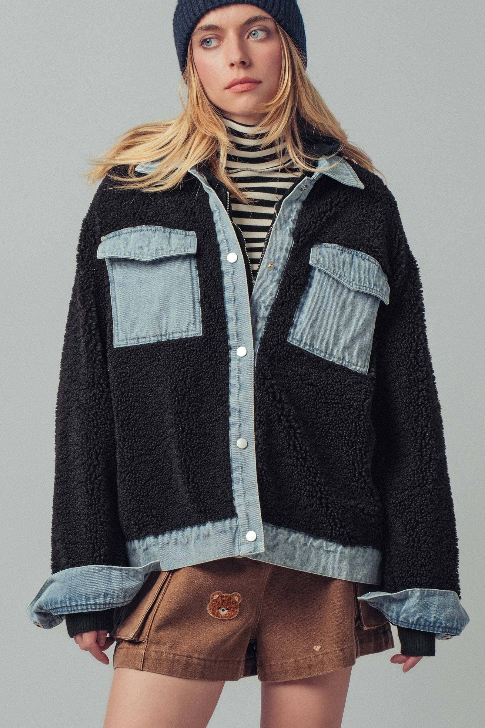 Denim Contrast Sherpa Mixed-Media Shacket