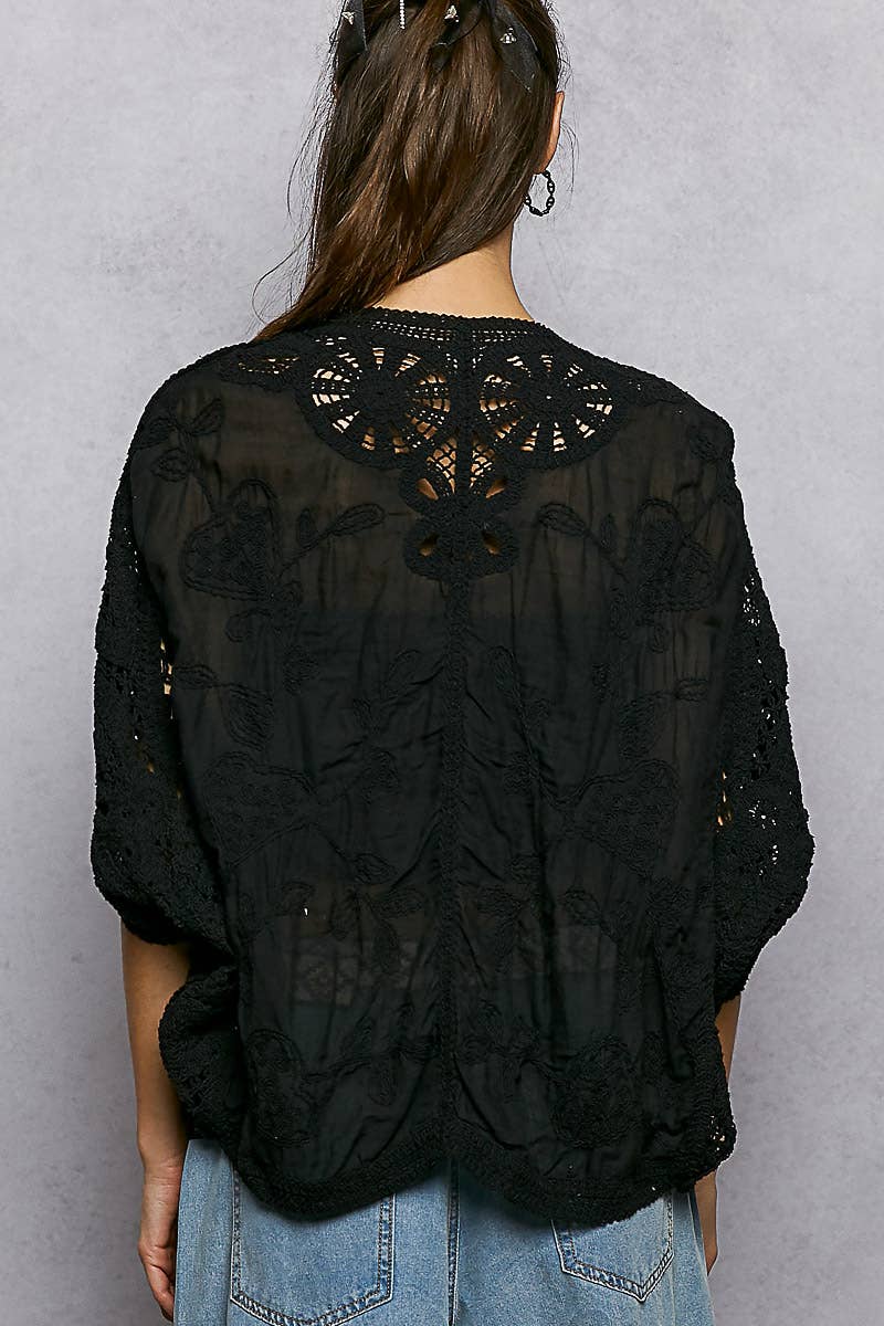 Batwing Sleeve Button Down Solid Crochet Cardigan Top