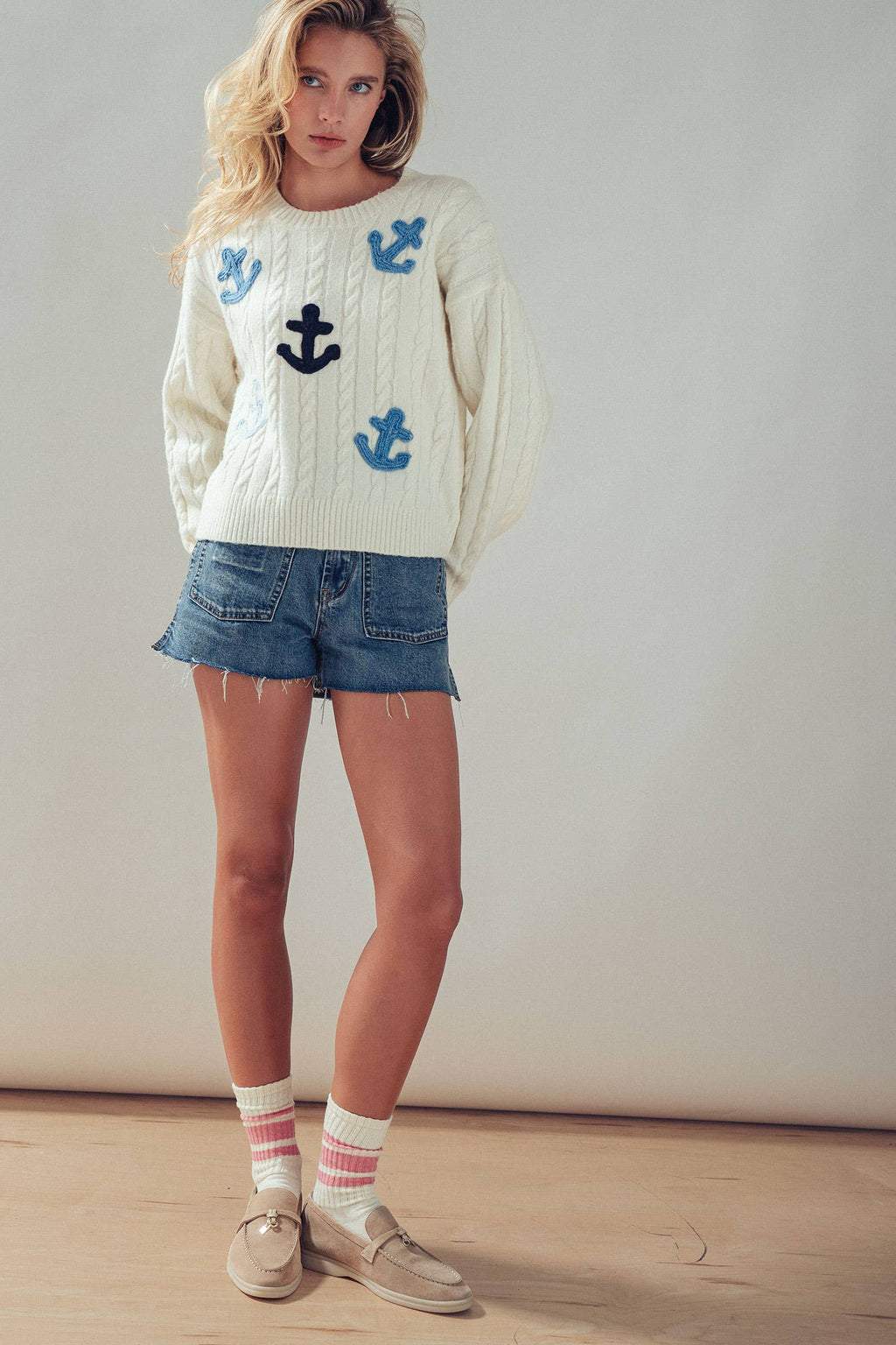 Nautical Anchor Applique Cable Knit Sweater