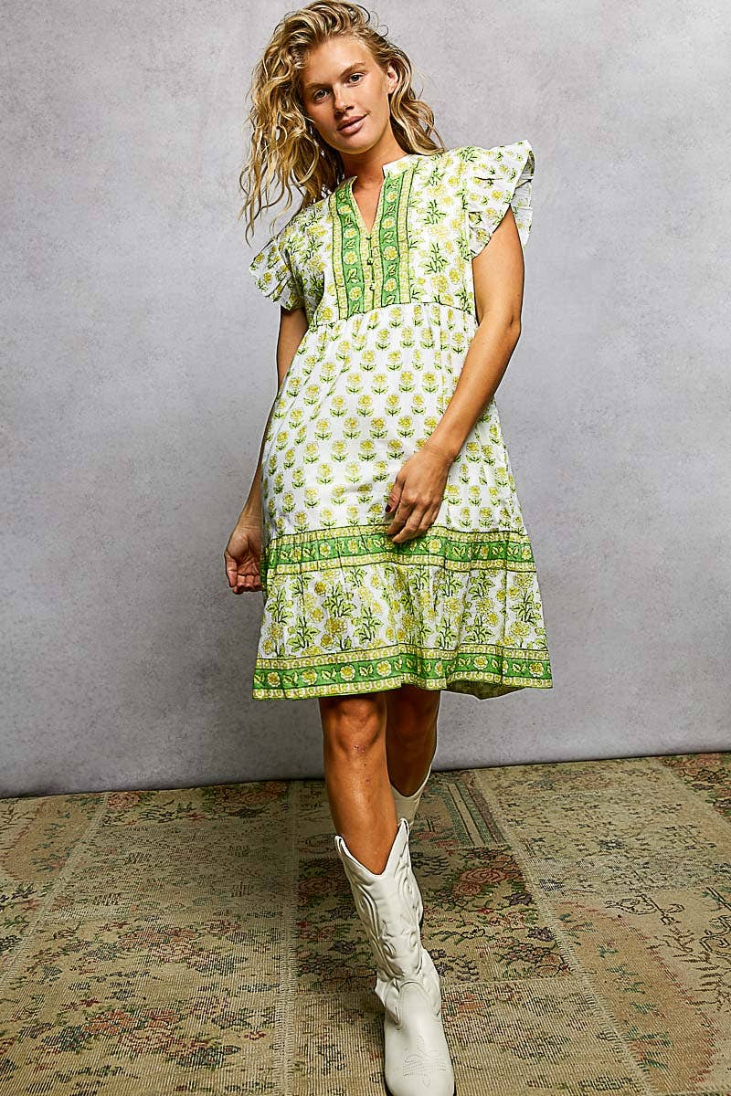 Boho Floral Print Ruffle Sleeve V-Neck Midi Dress