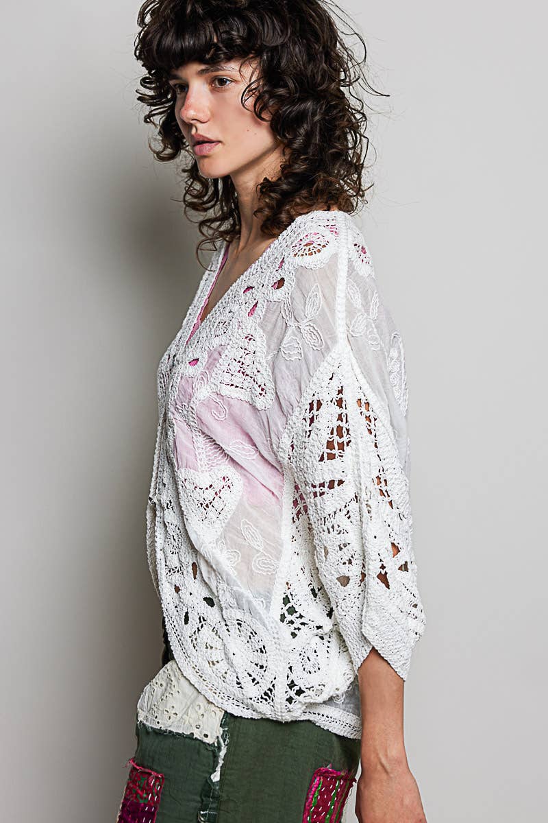 Batwing Sleeve Button Down Solid Crochet Cardigan Top
