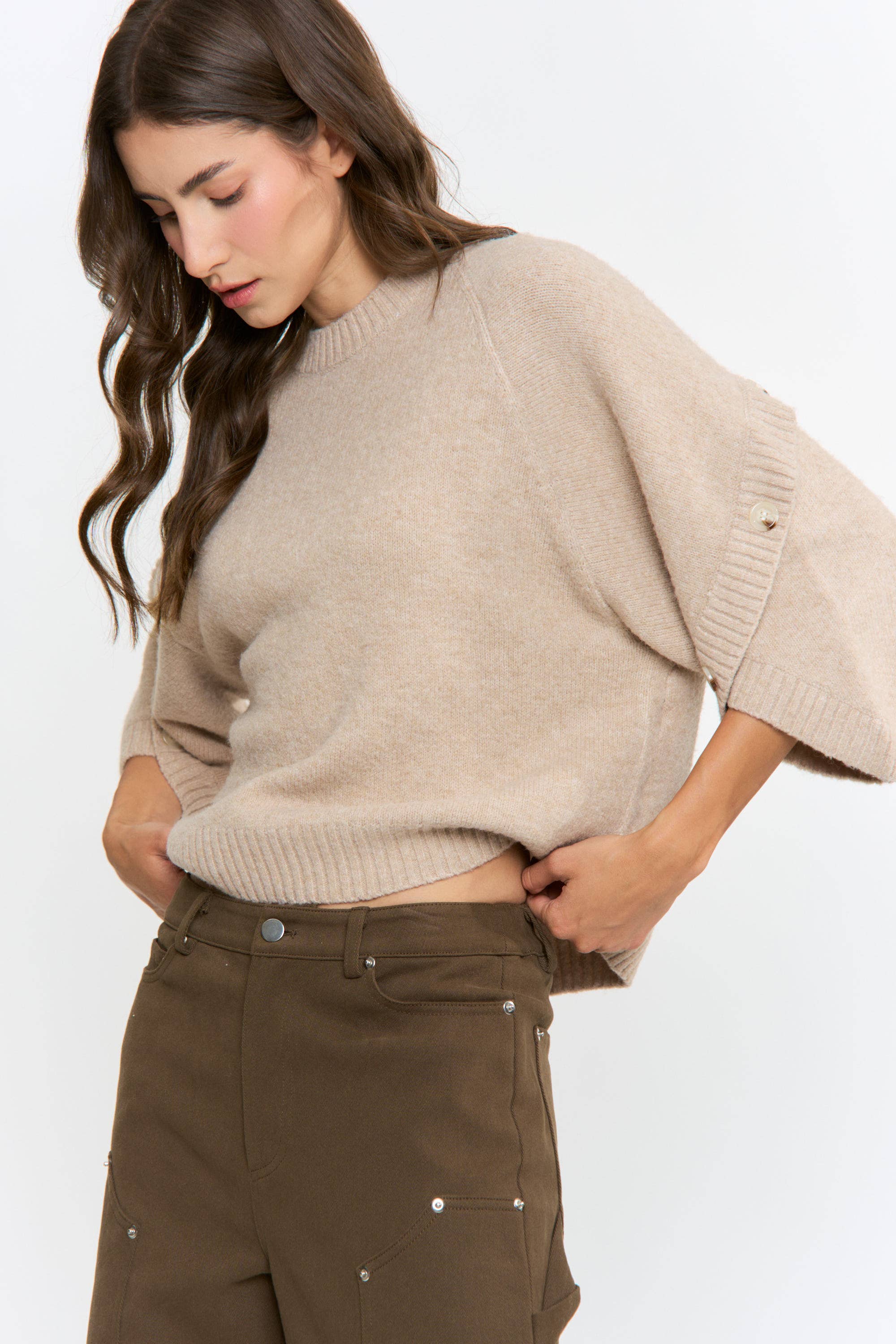 BUTTON SLEEVE KNIT PULLOVER