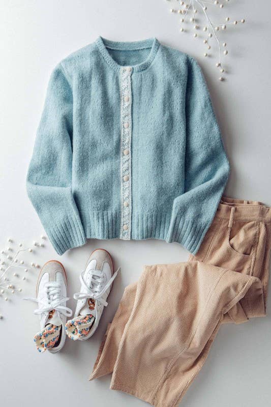 Lace Trim Wool Blend Cardigan