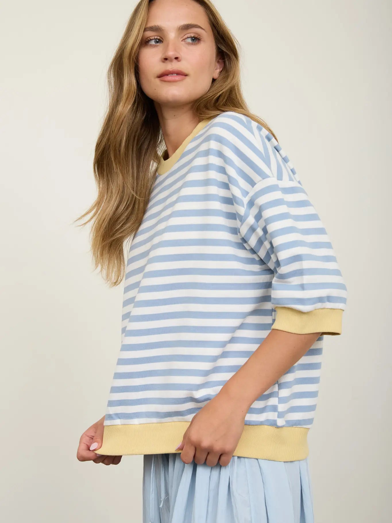 Colorblock Trim Stripe Short Drop Sleeve Knit Top