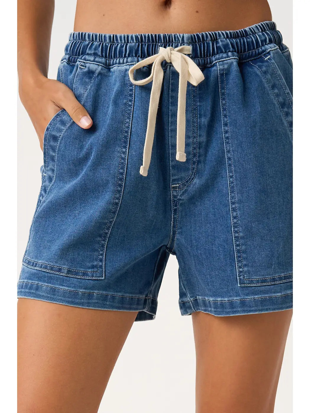 Dark Washed Denim Drawstring Patch Pocket Shorts