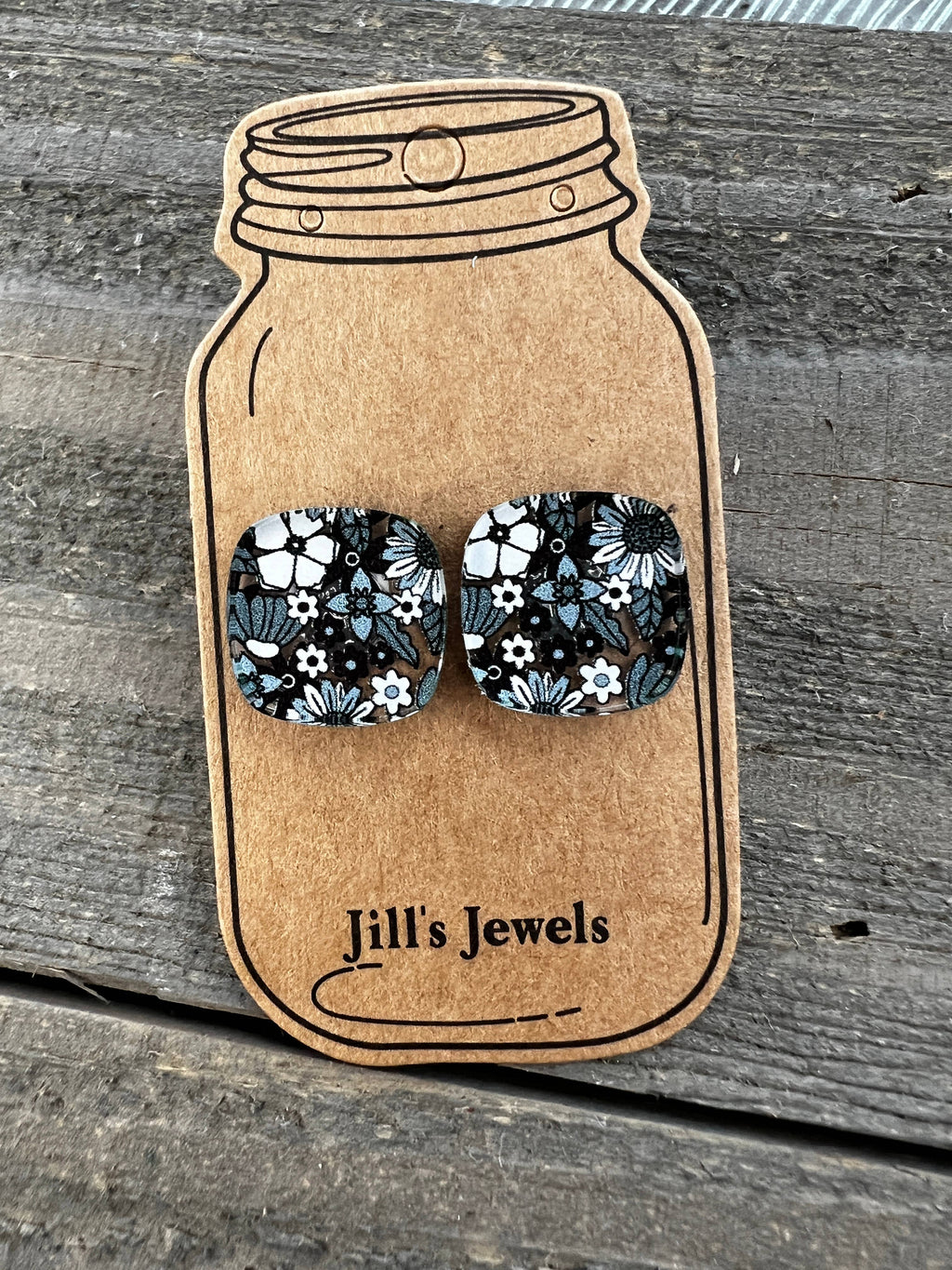 Black and White Square Boho Floral Stud Earrings