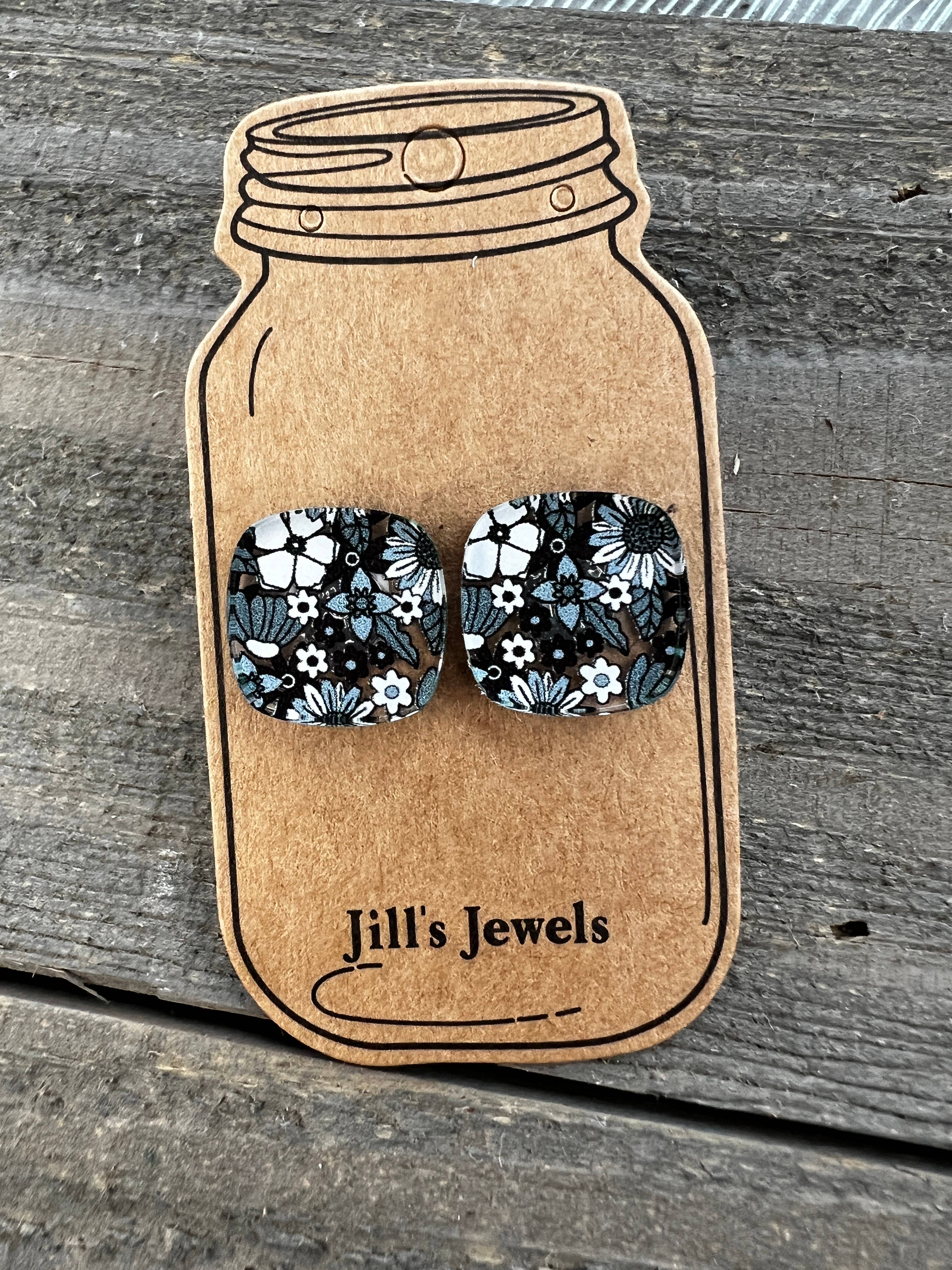 Black and White Square Boho Floral Stud Earrings