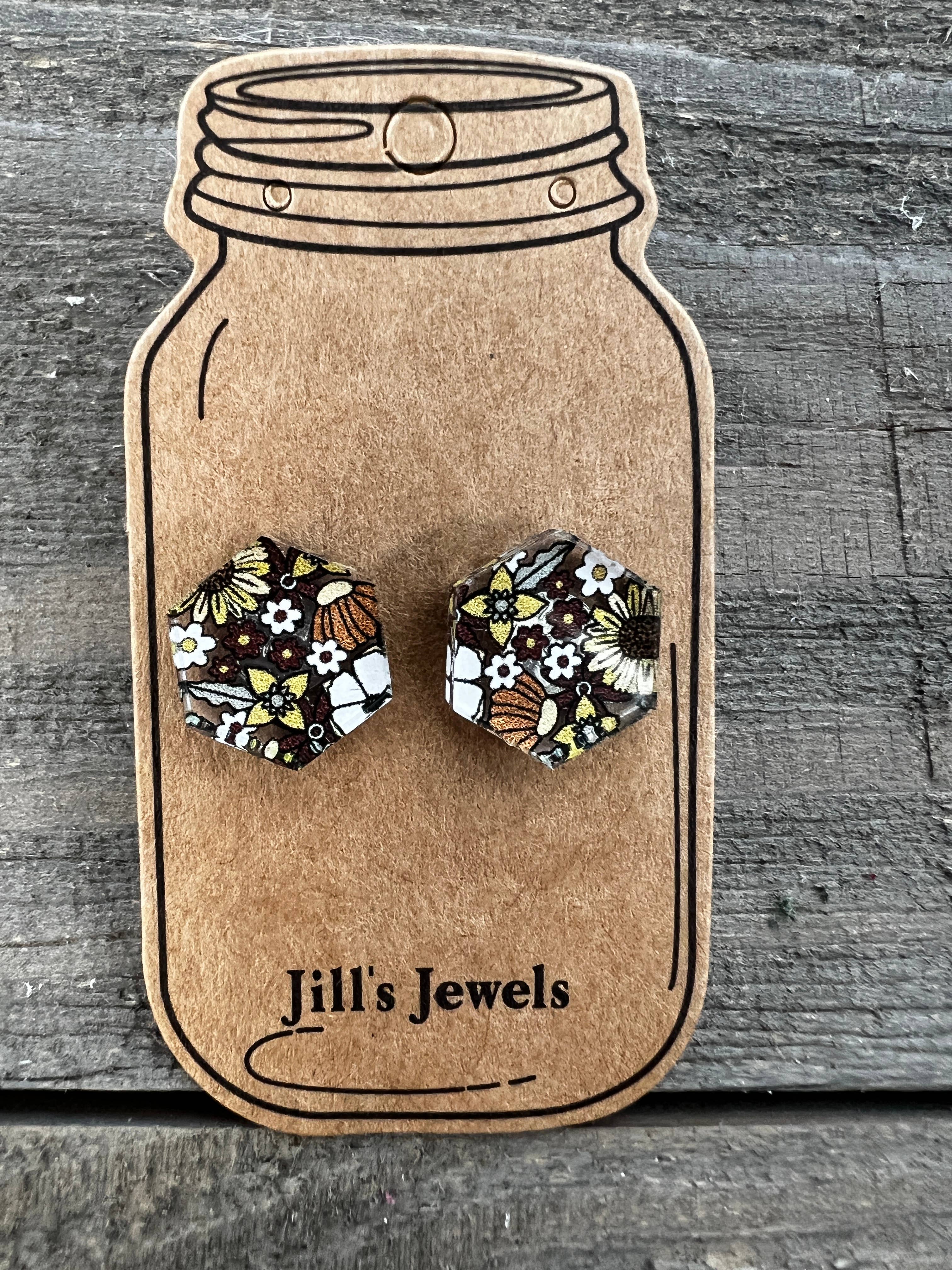 Yellow, Grey and Orange Boho Floral Stud Earrings