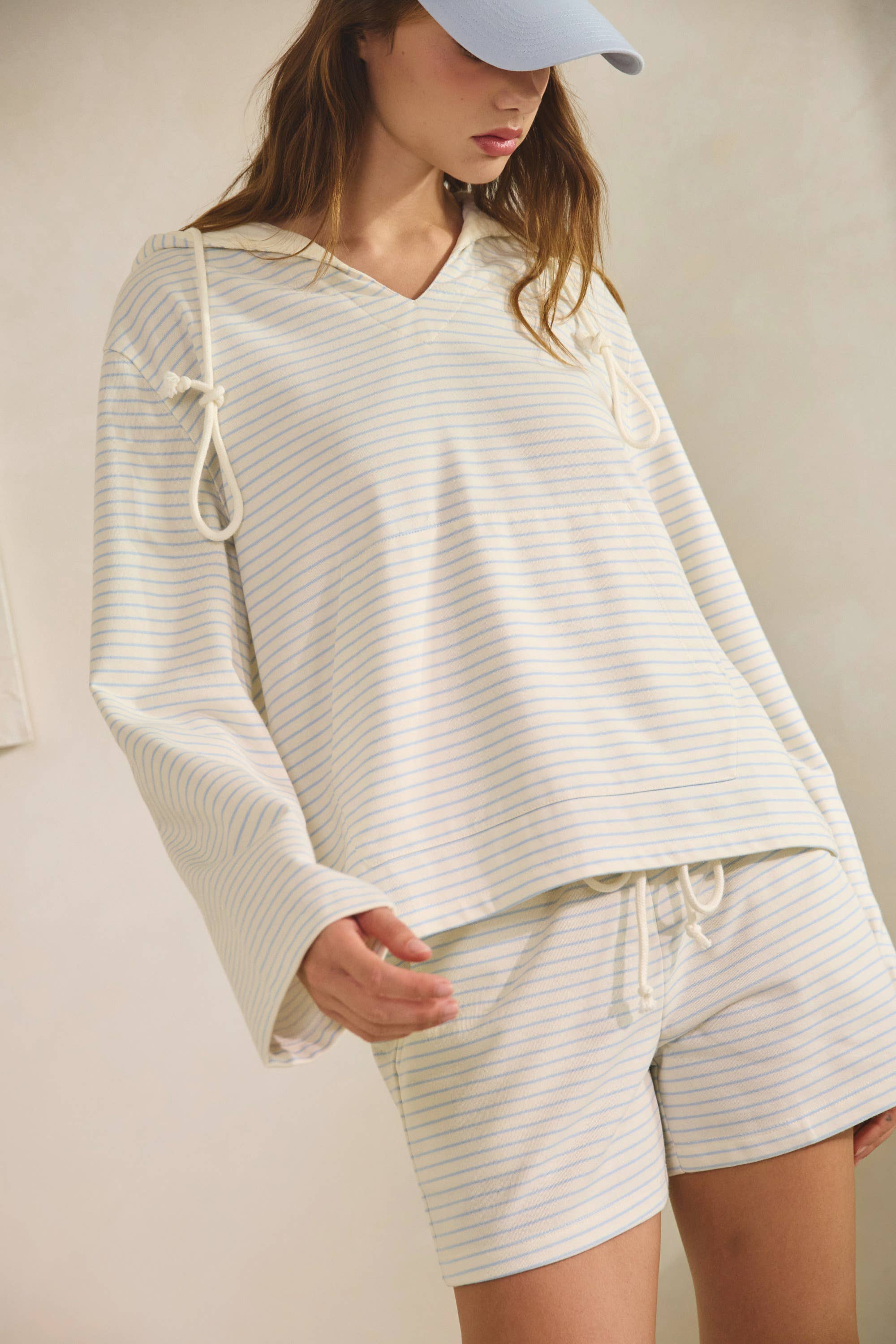 HT3319 Babe Striped Front Pocket Lounge Hoodie Top