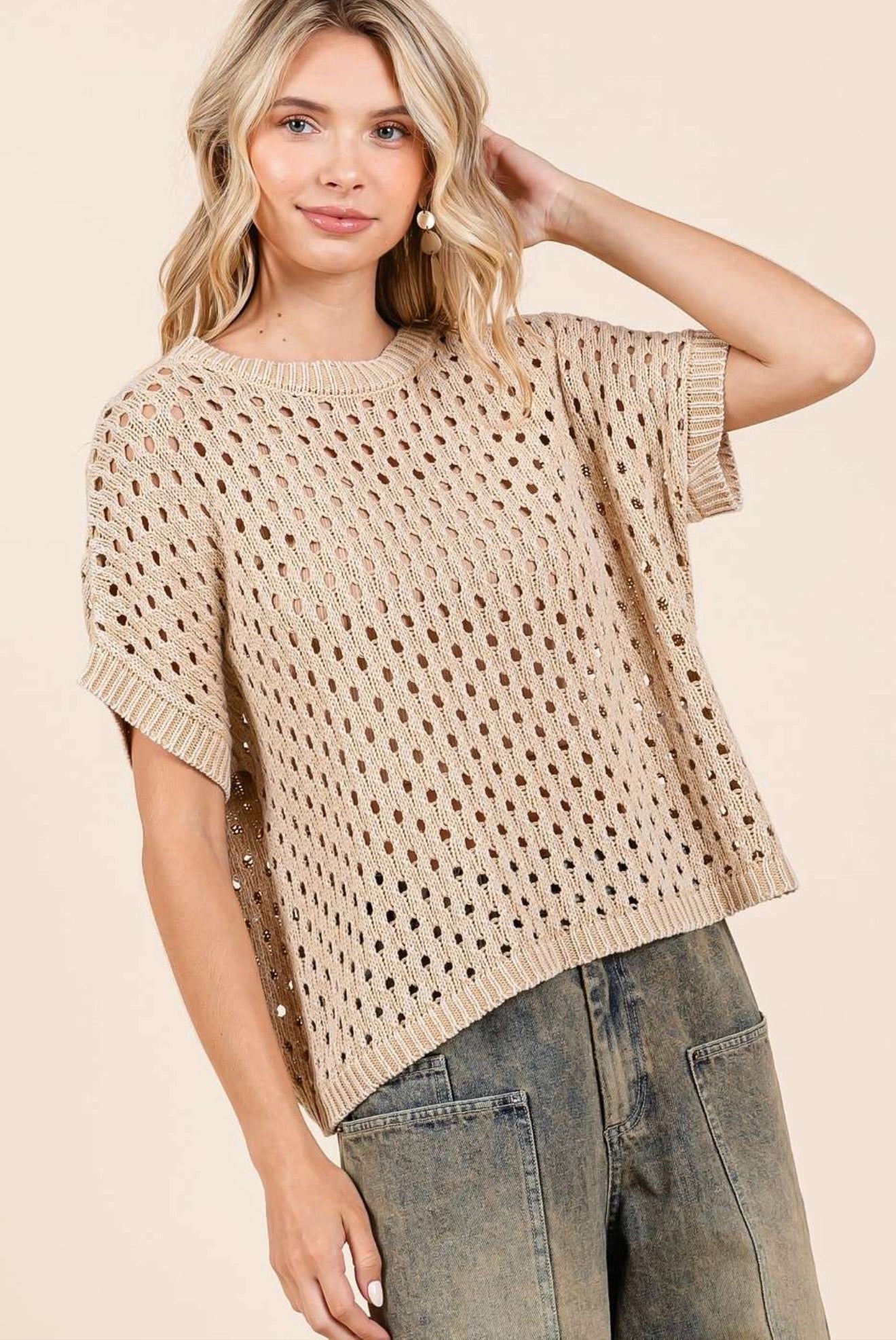 Mineral Wash Open Knit Short Sleeve Sweater Top-Latte