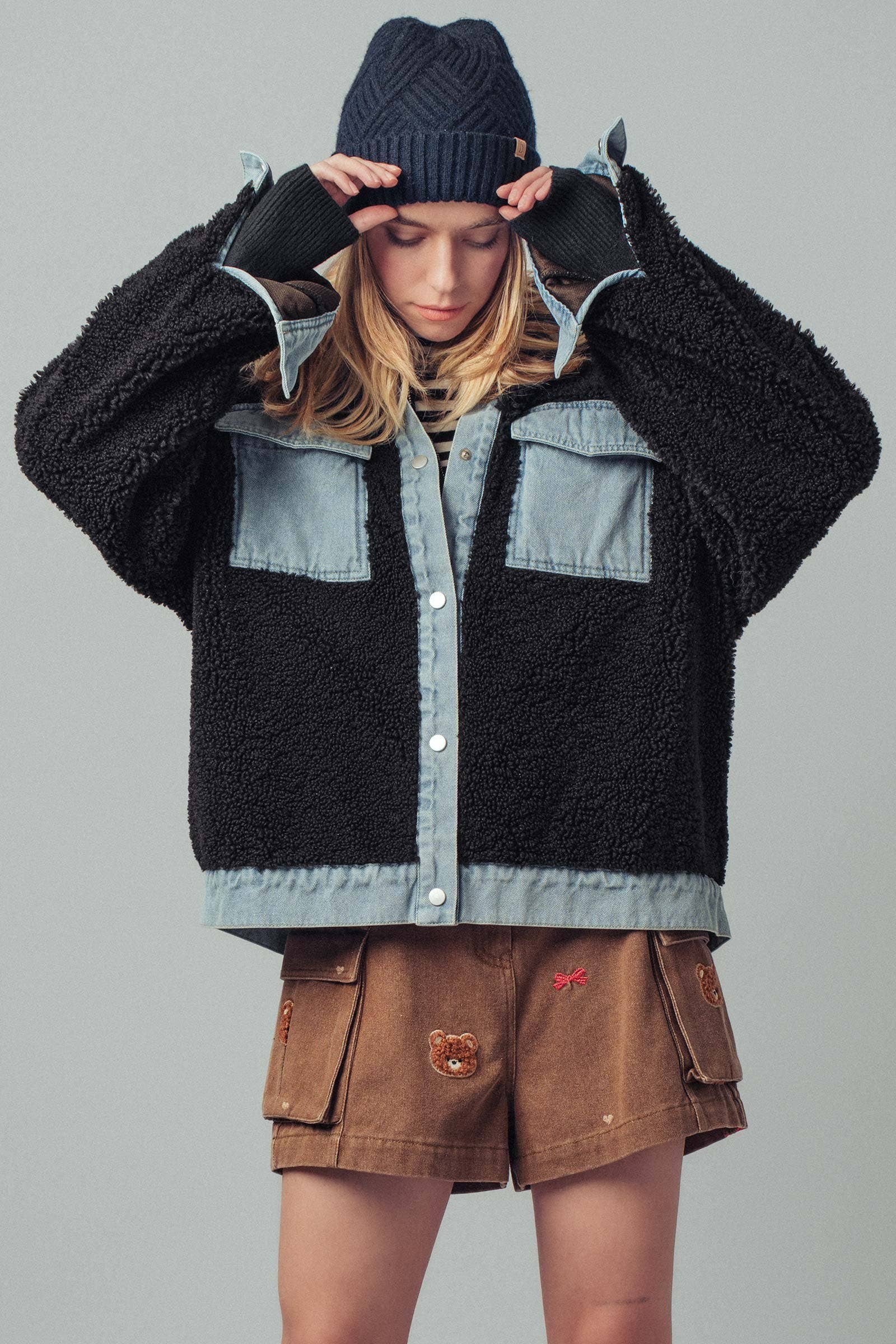 Denim Contrast Sherpa Mixed-Media Shacket