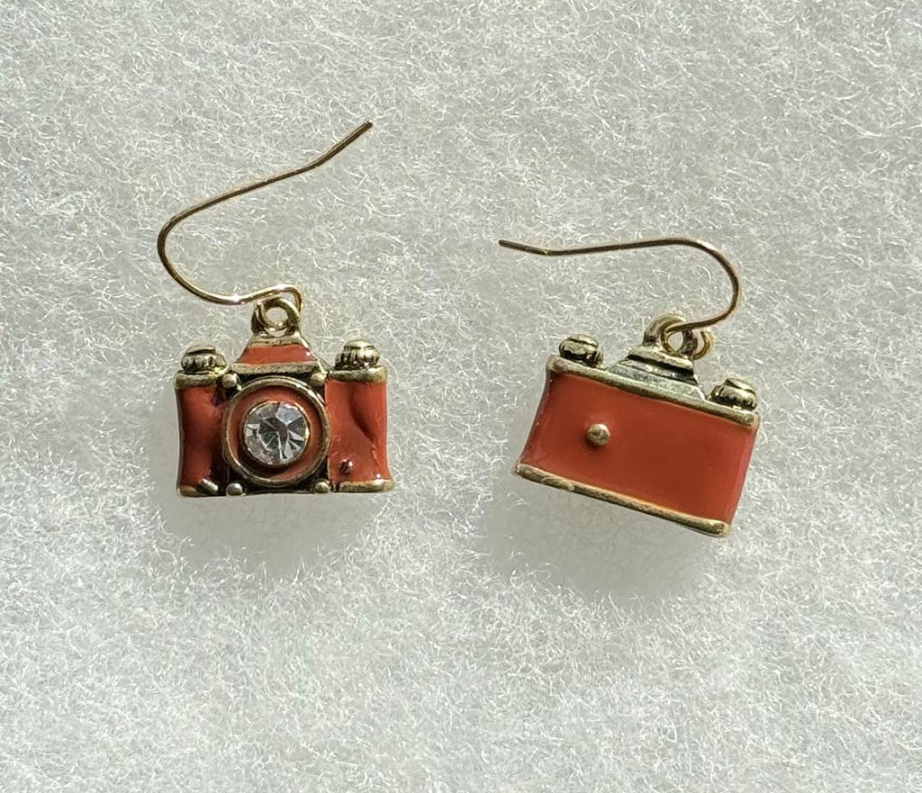 Crystal Lens Brown_Brass Film Camera Retro Earrings