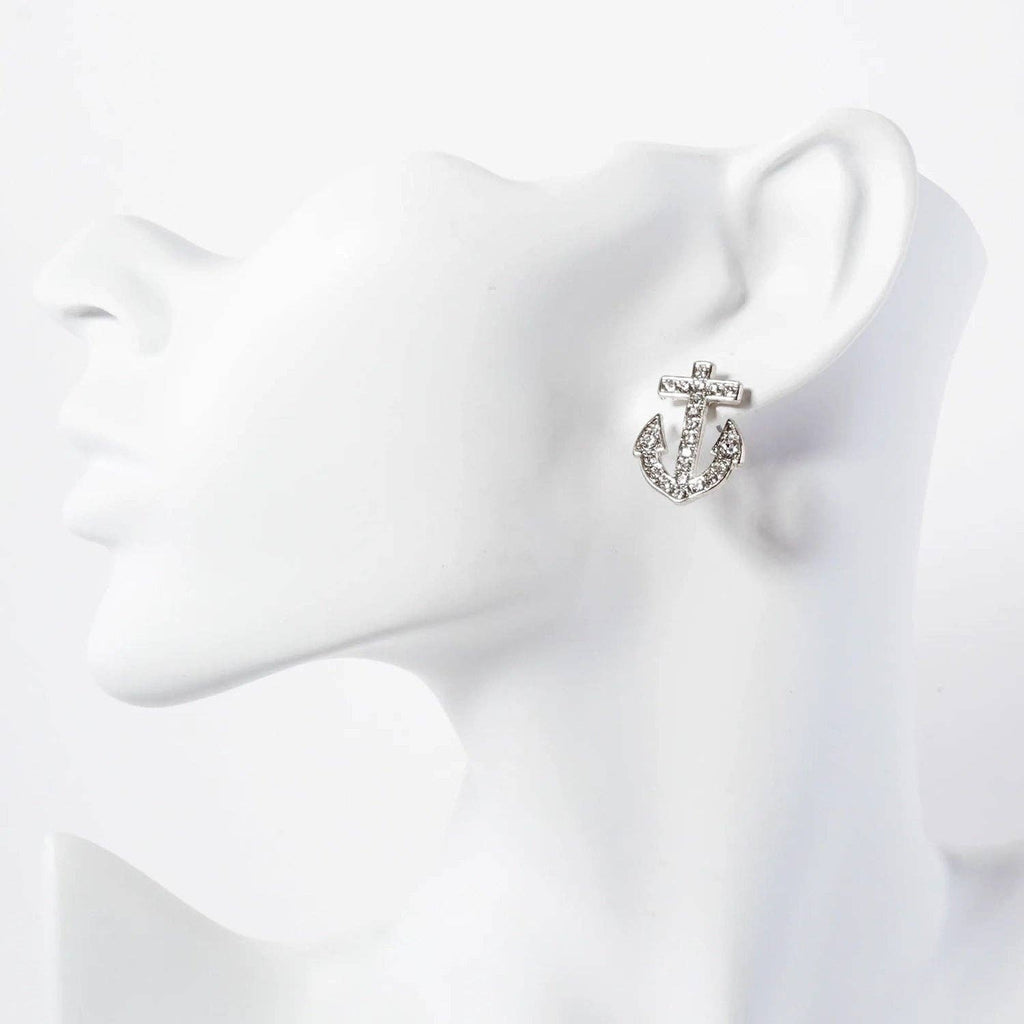 Nautical-Theme Crystal-Pave Anchor Stud Earrings