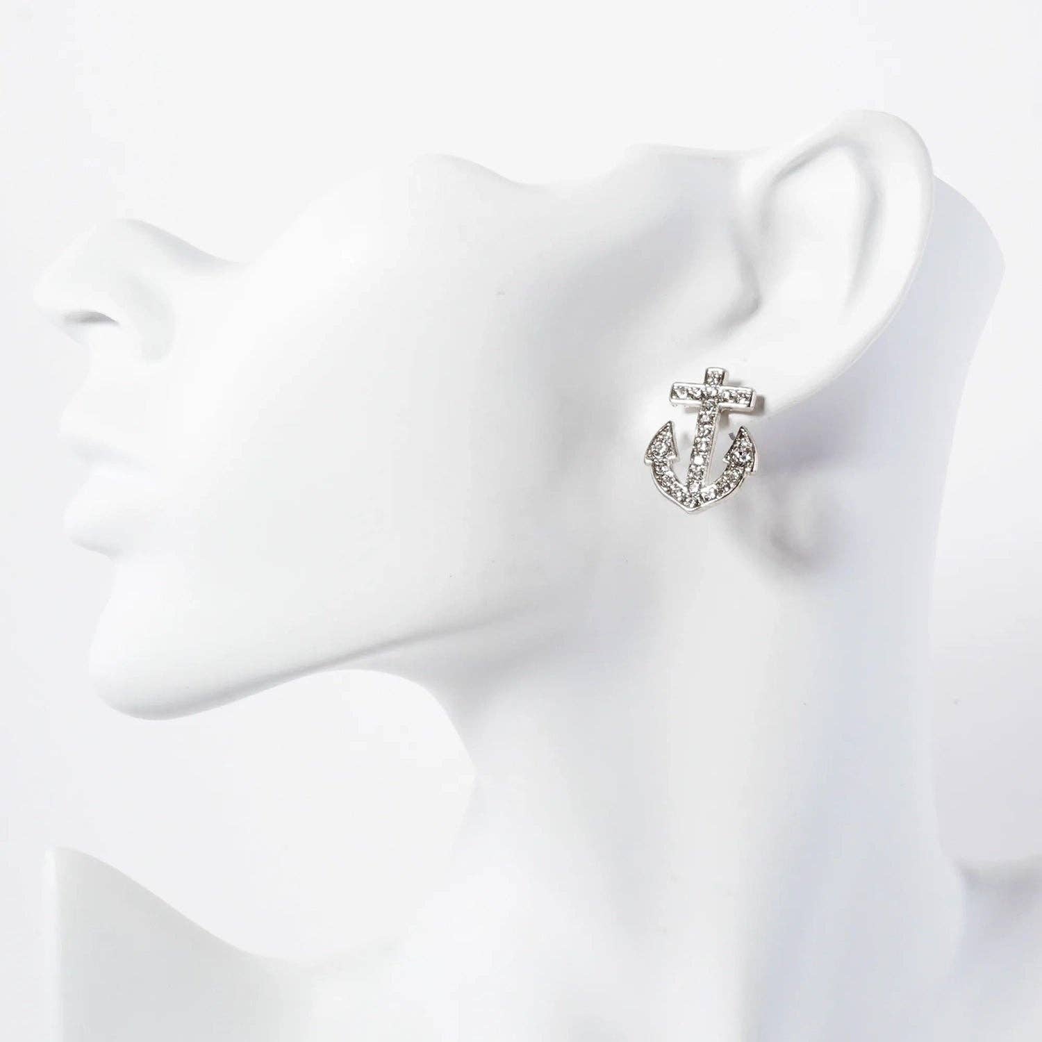 Nautical-Theme Crystal-Pave Anchor Stud Earrings