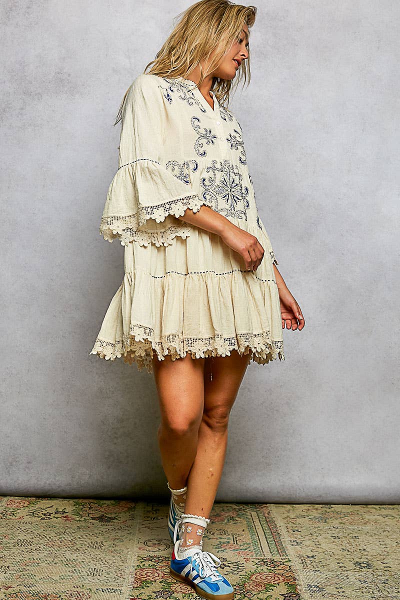 Linen 3/4 Sleeve V-Neck Lace Embroidery Dress