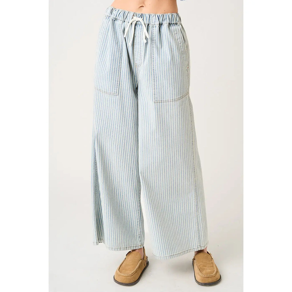 Striped Drawstring Elastic Waist Wide Leg Pants