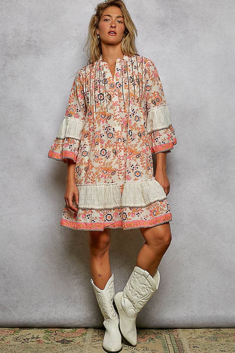 3/4 Sleeve Eyelet Contrast Printed Woven Dress