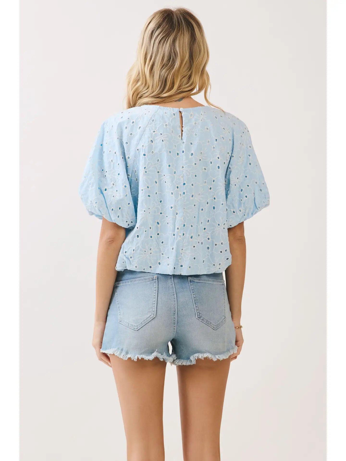 Embroidered Eyelet Bubble Sleeves Blouse