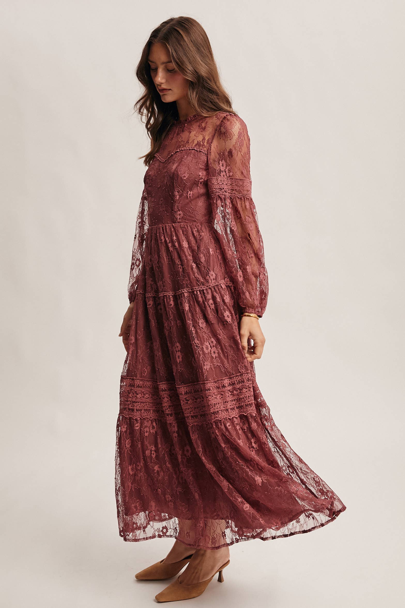 Tiered Long Sleeve Lace Maxi Dress