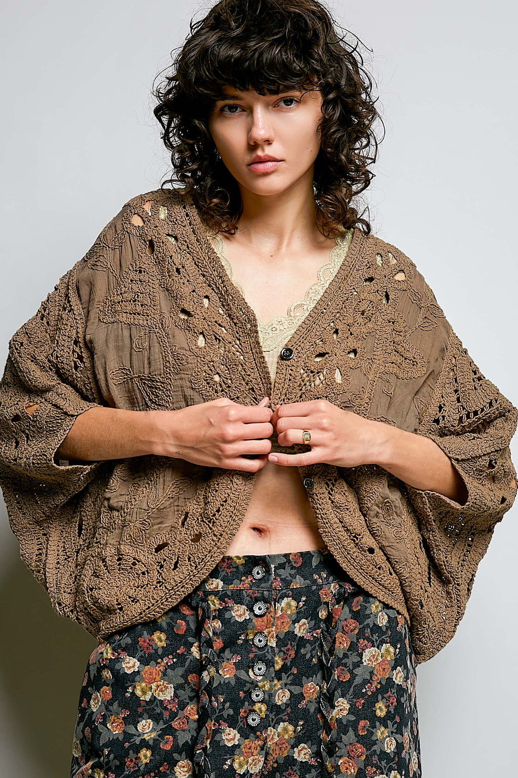 Batwing Sleeve Button Down Solid Crochet Cardigan Top