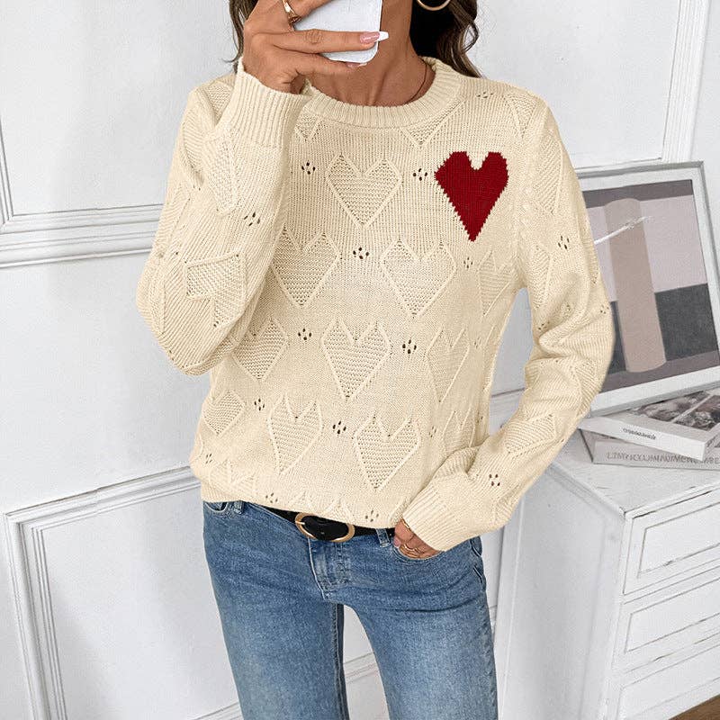 Apricot Round Neck Heart Print Valentine Sweater