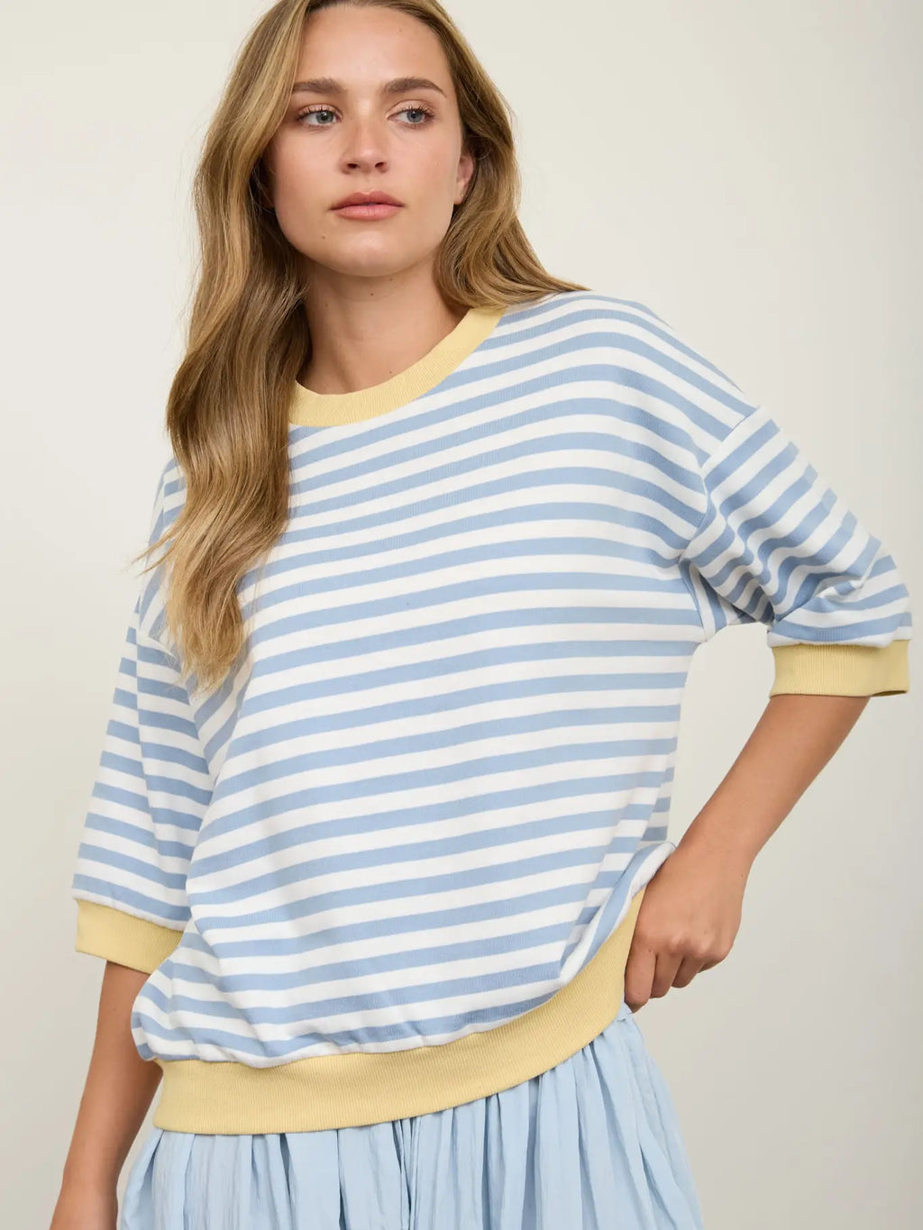 Colorblock Trim Stripe Short Drop Sleeve Knit Top