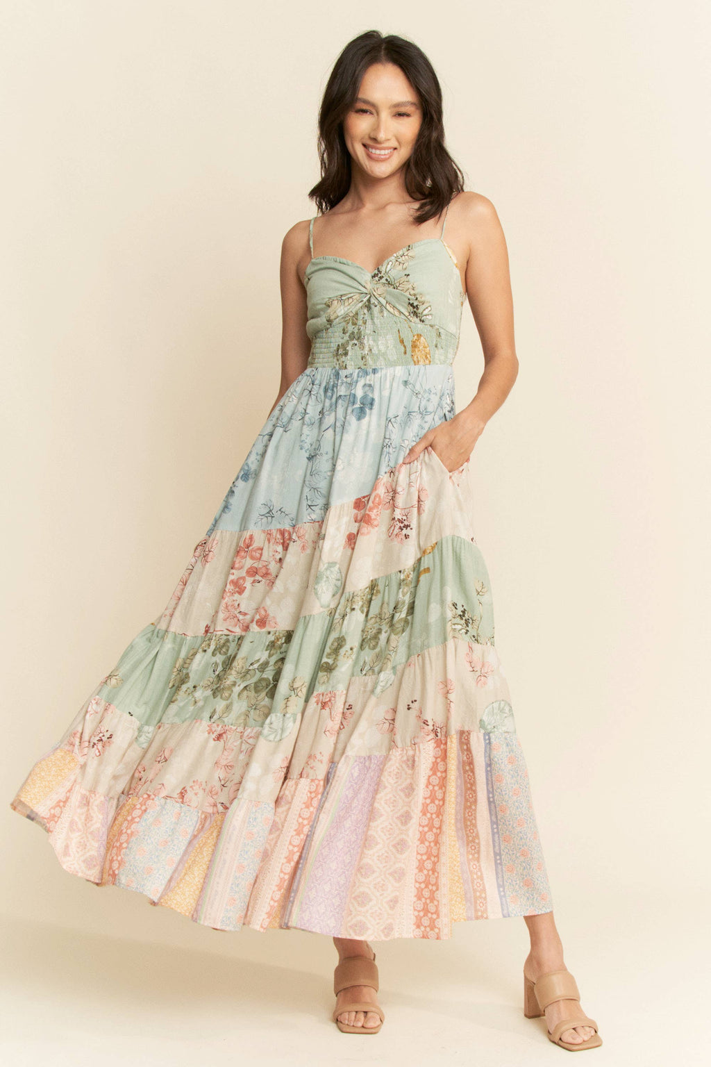 ETHNIC FLORAL MIX MATCHED TIERED MAXI DRESS