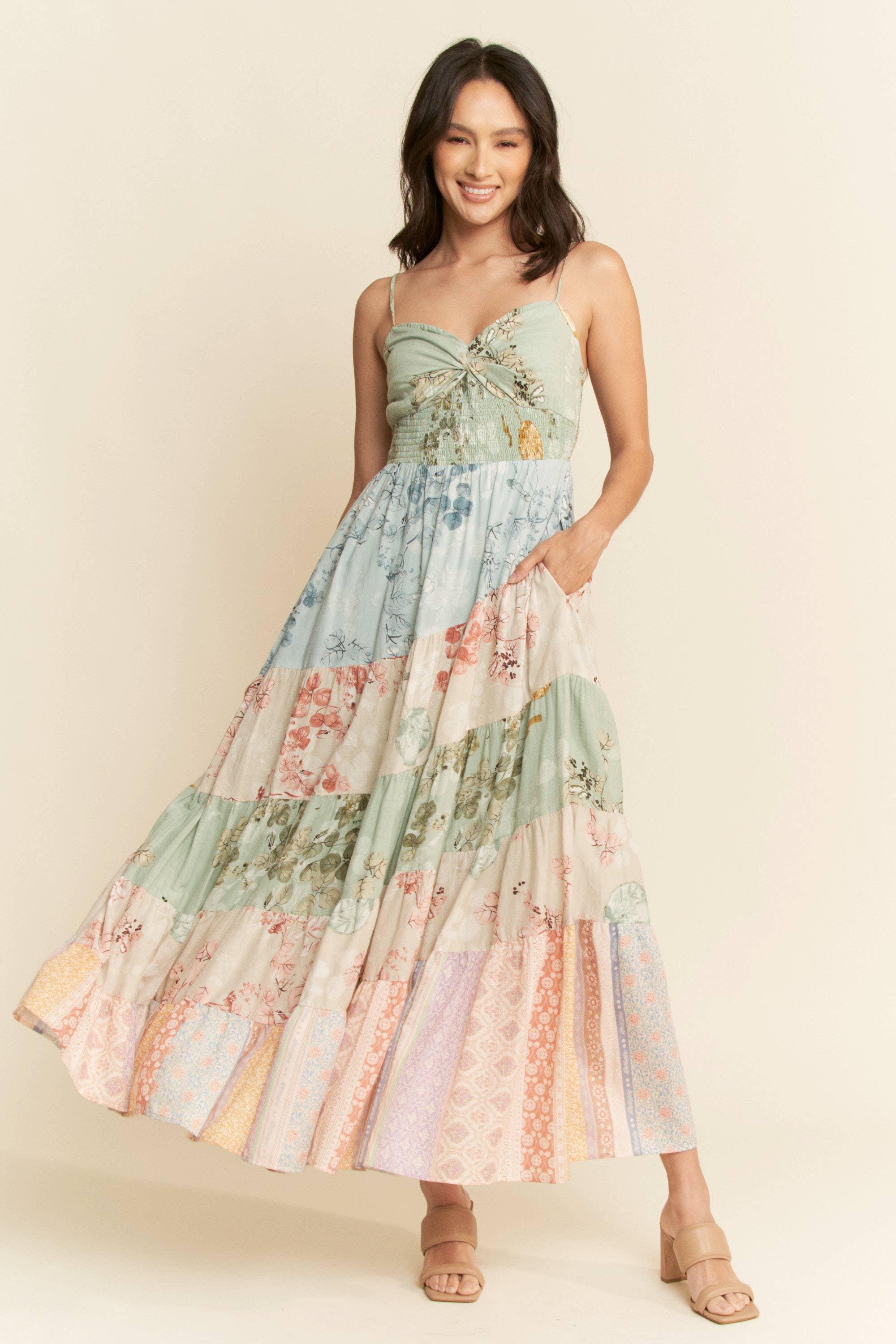 ETHNIC FLORAL MIX MATCHED TIERED MAXI DRESS