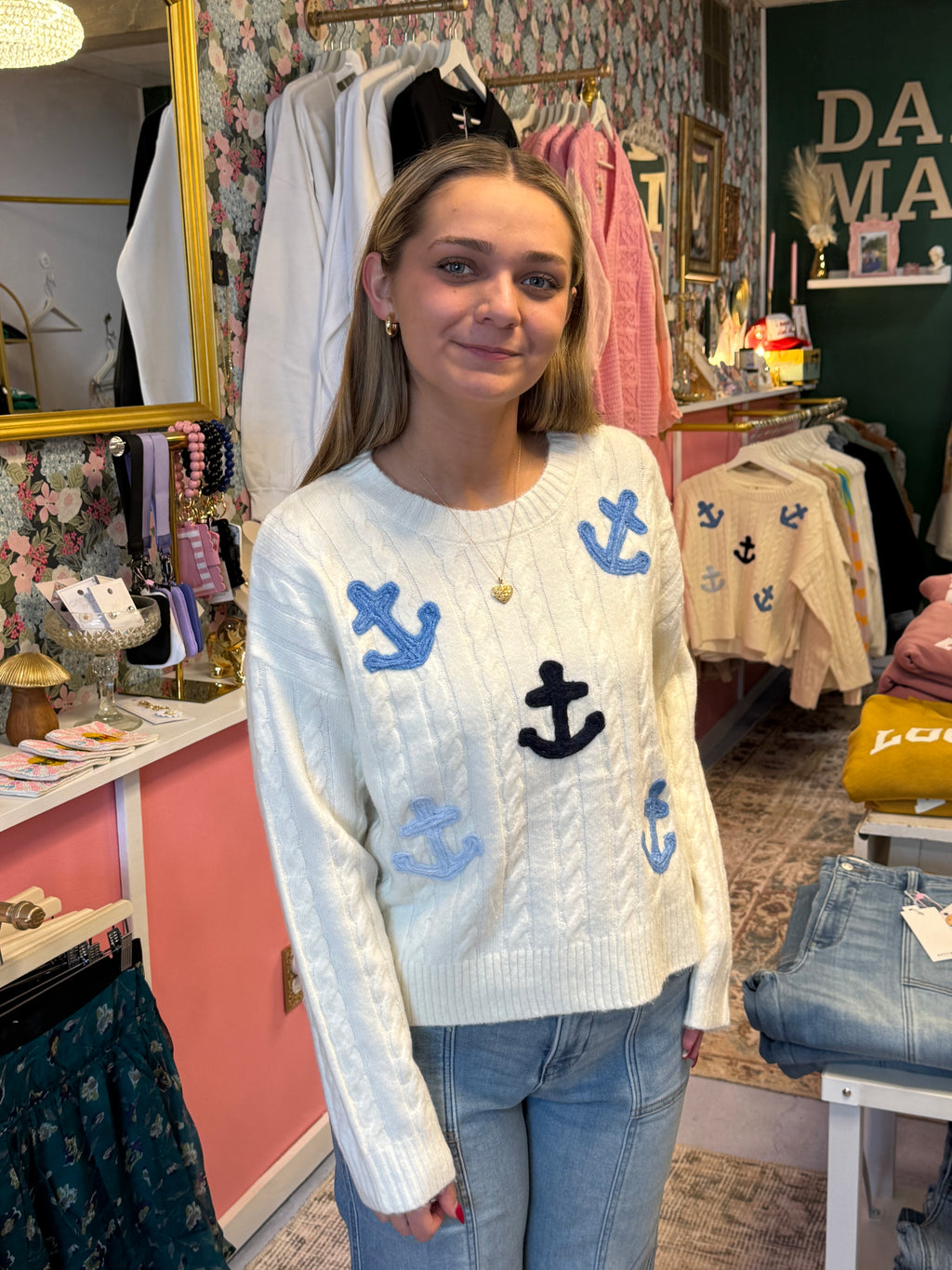 Nautical Anchor Applique Cable Knit Sweater