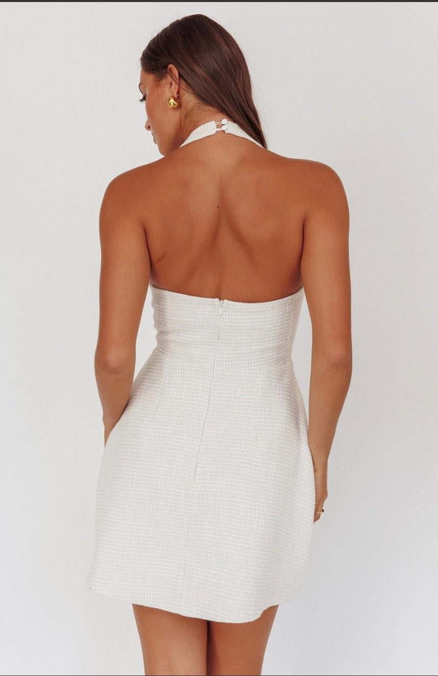 White Halter Flare Mini Dress