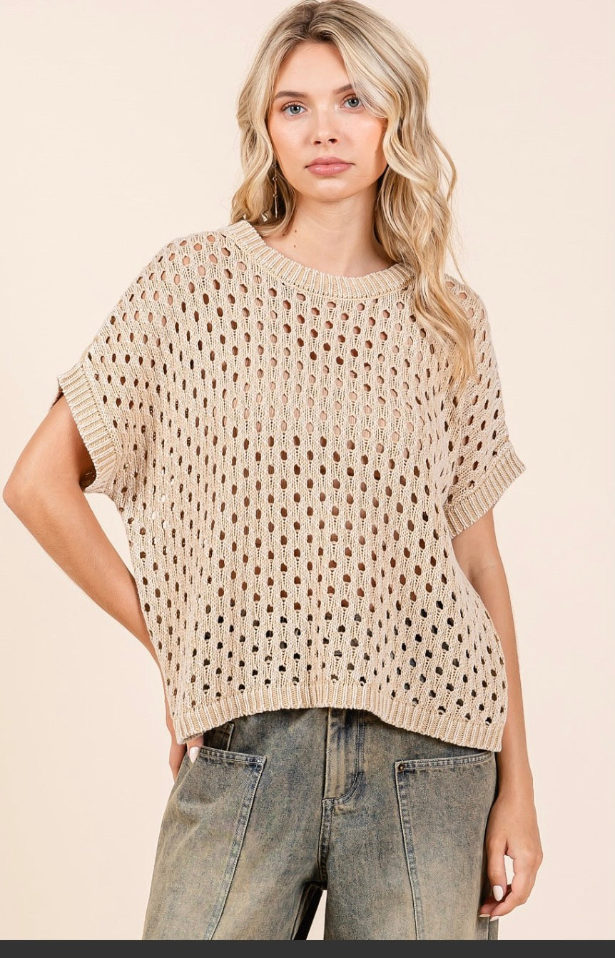 Mineral Wash Open Knit Short Sleeve Sweater Top-Latte