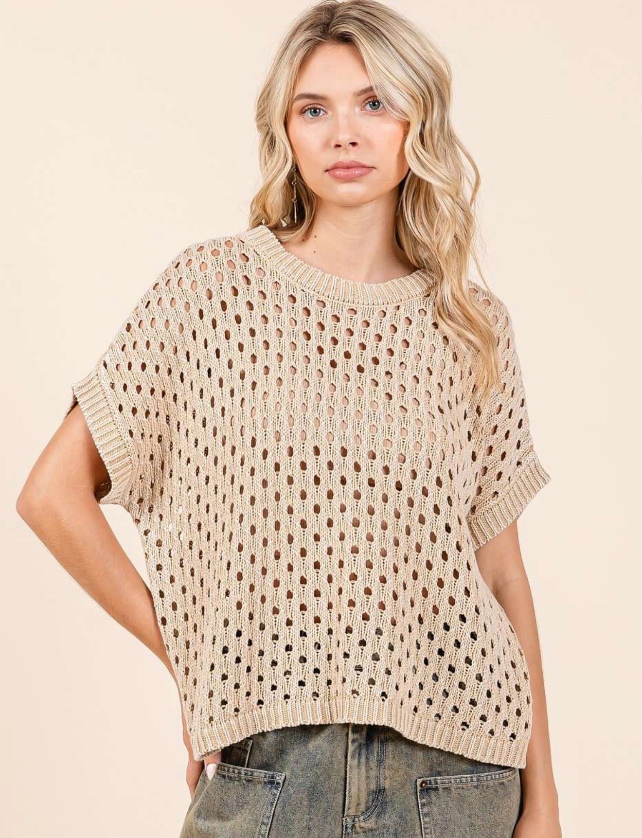 Mineral Wash Open Knit Short Sleeve Sweater Top-Latte