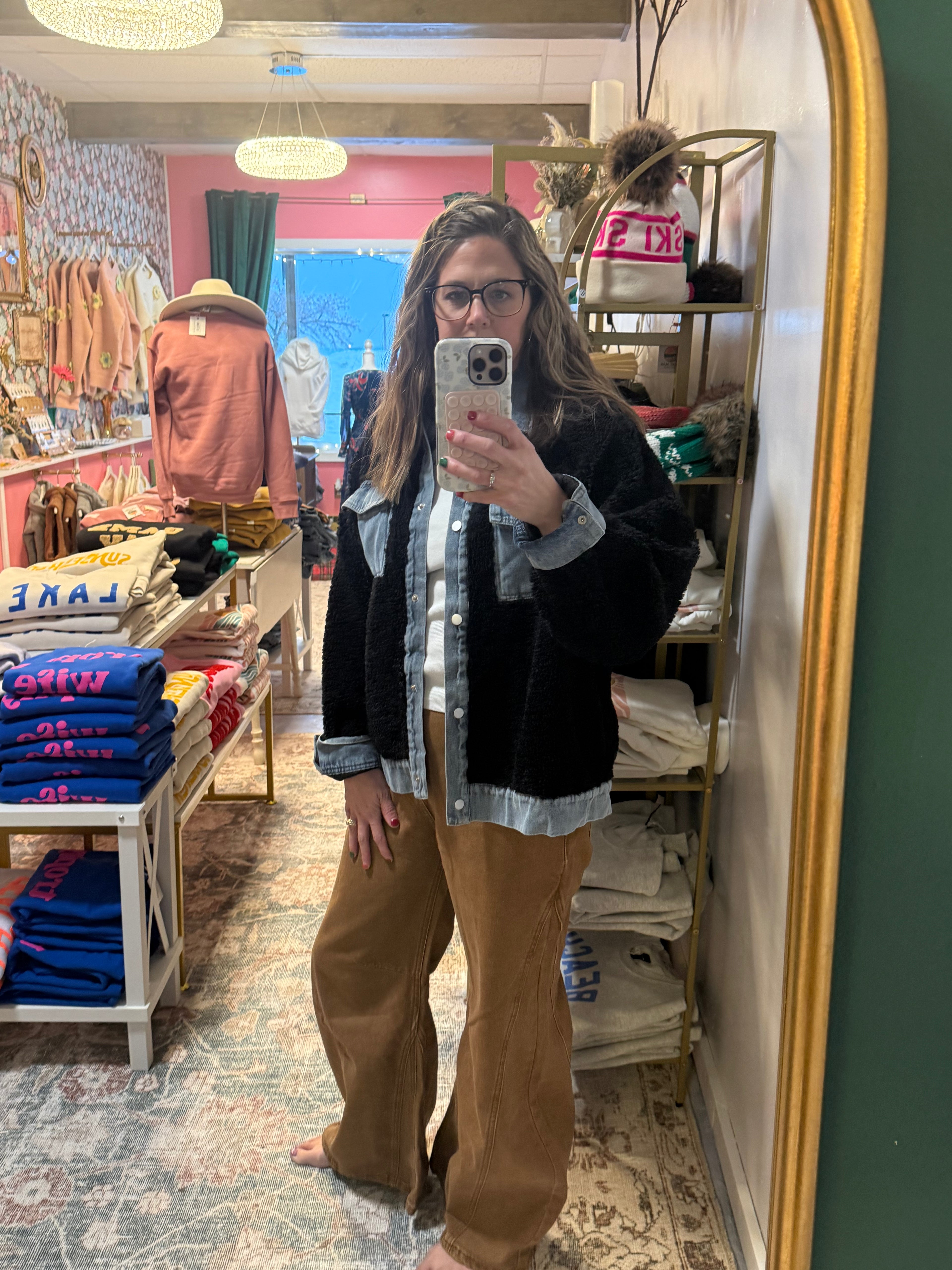 Denim Contrast Sherpa Mixed-Media Shacket