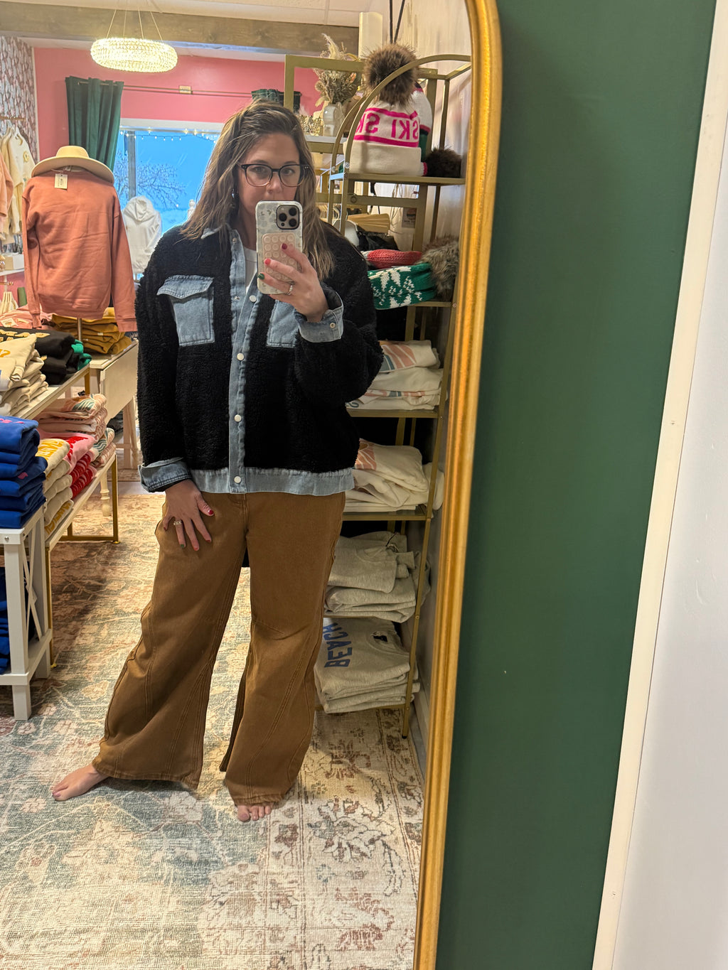 Denim Contrast Sherpa Mixed-Media Shacket