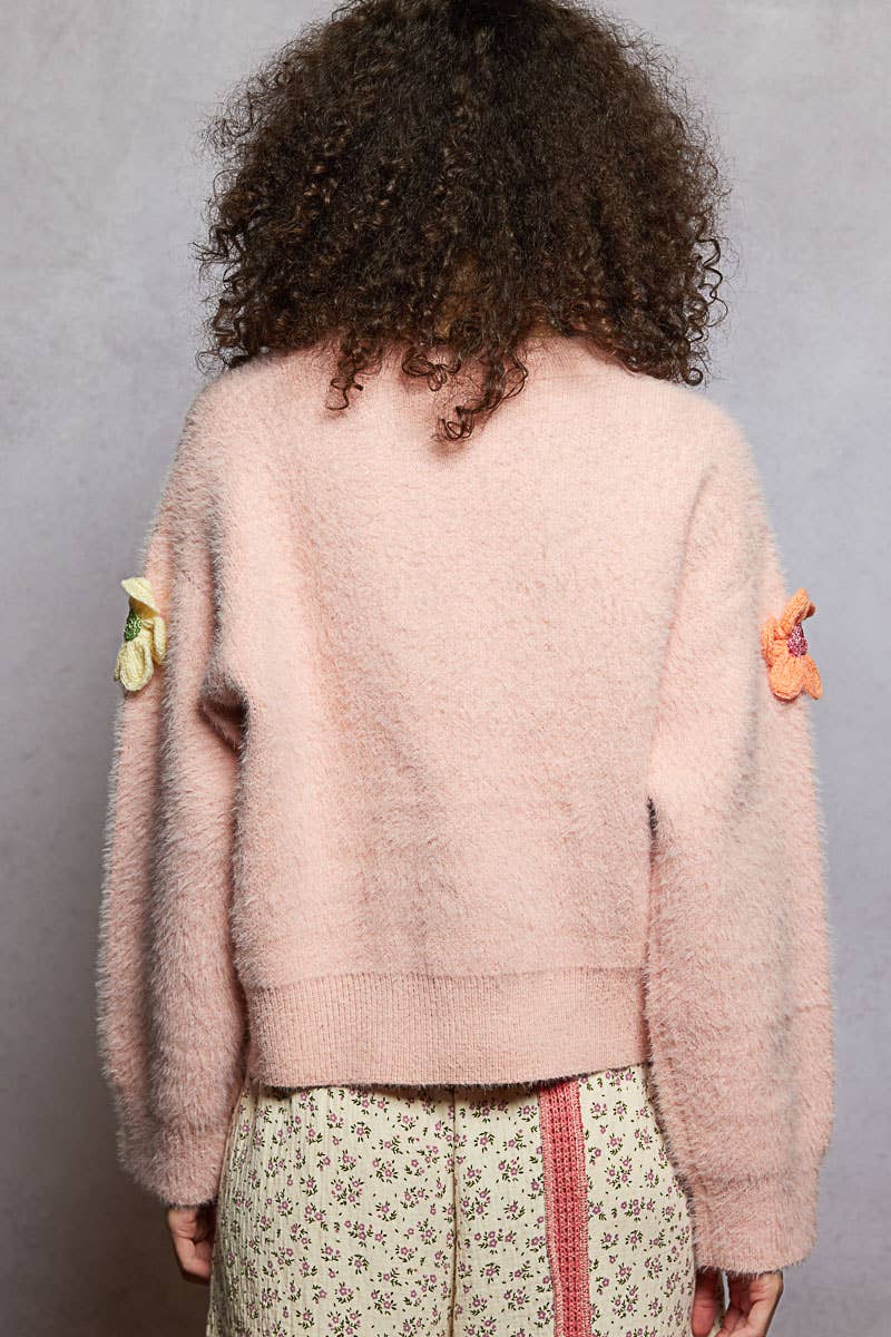 Round neck long sleeve 3D floral mohair sweater top SALE