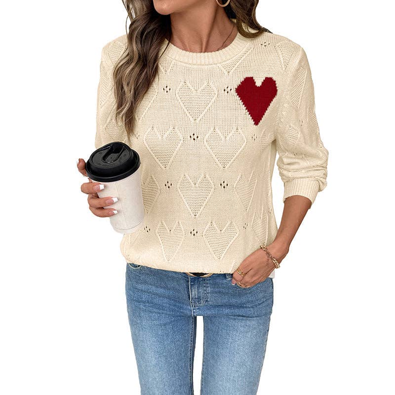 Apricot Round Neck Heart Print Valentine Sweater