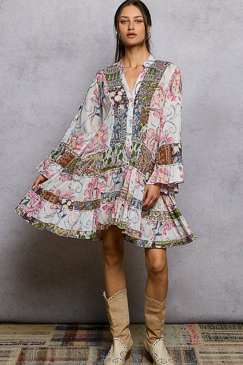 Printed Woven V-Neck Long Sleeve Dress