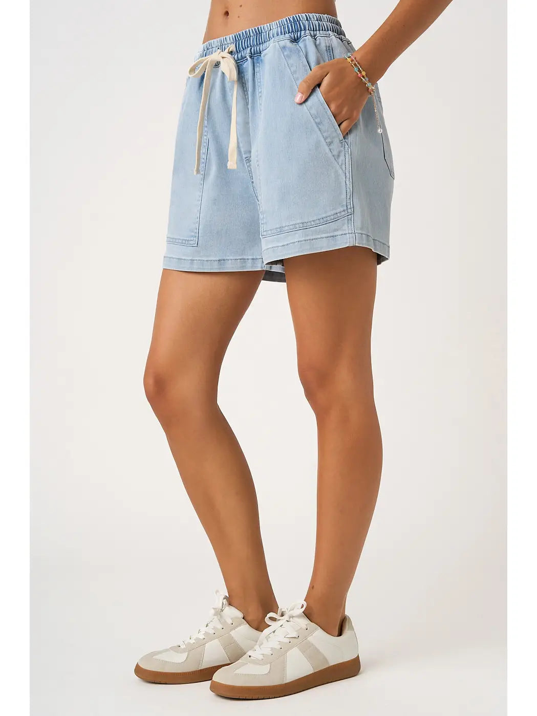 Washed Denim Drawstring Patch Pocket Shorts