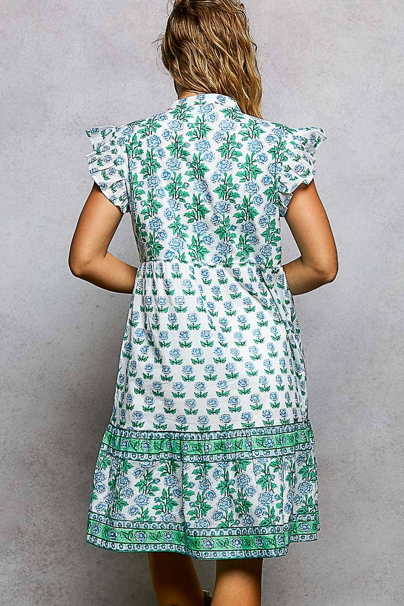 Boho Floral Print Ruffle Sleeve V-Neck Midi Dress