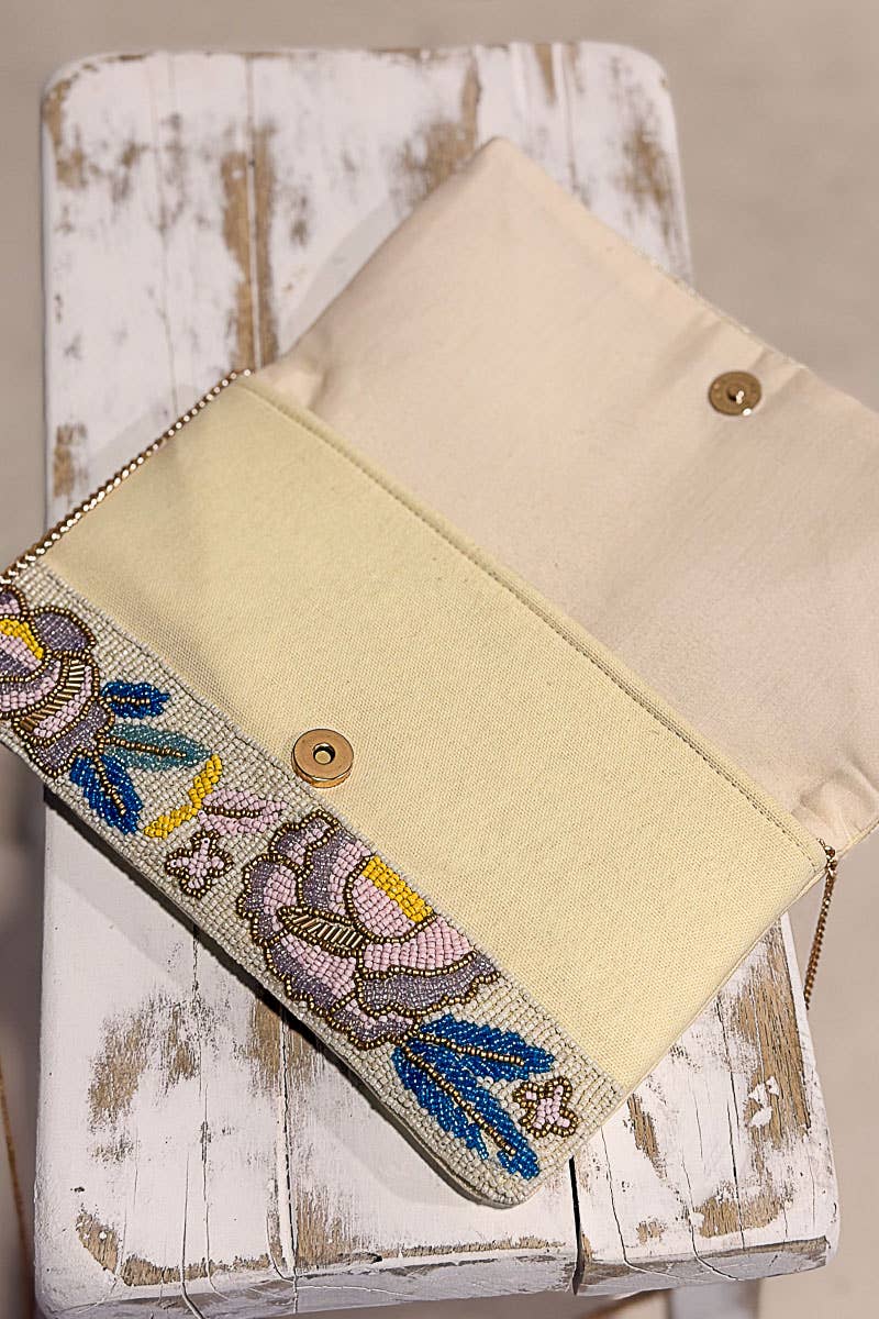 Floral Beaded Chain Strap Ivory Mini Shoulder Bag