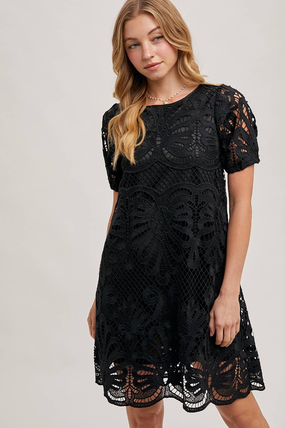 PUFF SLEEVED CROCHET DRESS WITH LINING