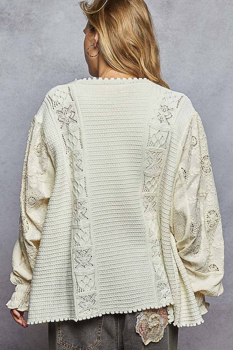 V neck, mixed fabric,  sweater cardigan