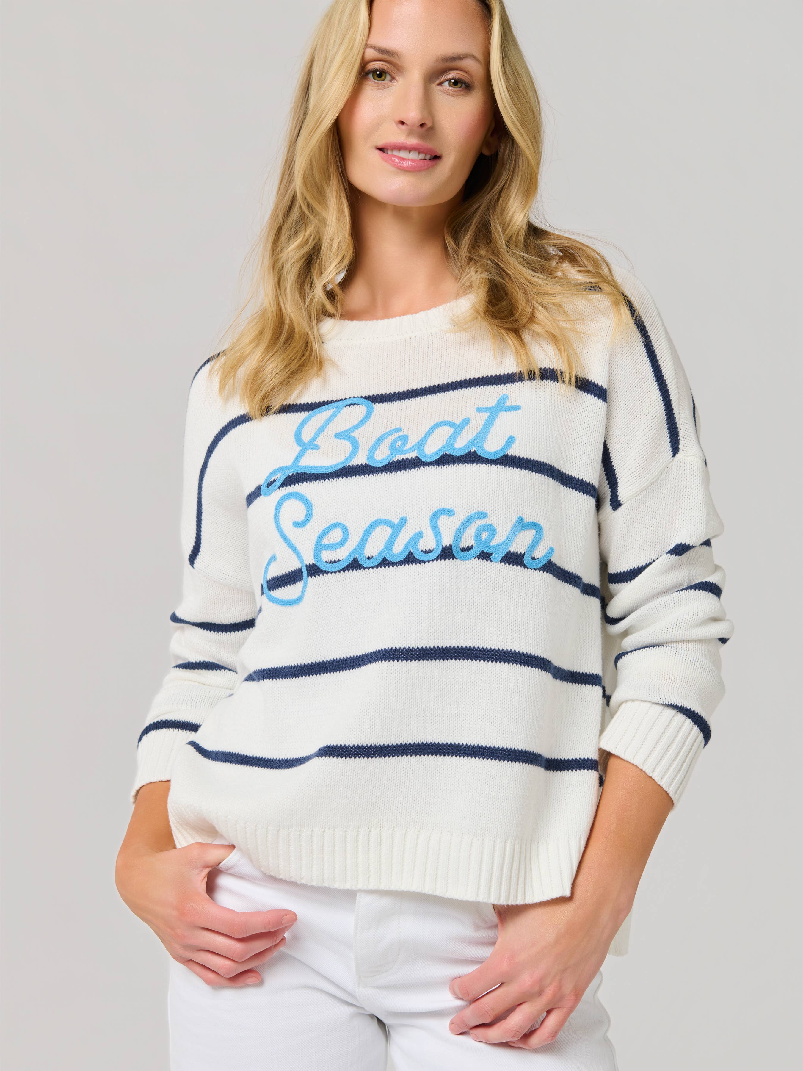 "BOAT SEASON" RELAXED FIT SWEATERS,WHITE