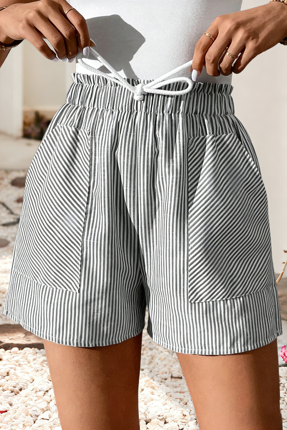 Striped Lace-up Elastic Waist Casual Pocketed Shorts